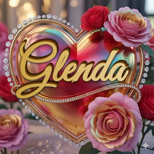 Un marco dorado con forma de corazón tachonado de diamantes, rodeado de rosas naturales en colores que van del rosa al rojo, dando un diseño lujoso y brillante. El nombre Glenda está escrito en el diseño.