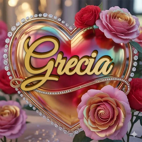 Un marco dorado con forma de corazón tachonado de diamantes, rodeado de rosas naturales en colores que van del rosa al rojo, dando un diseño lujoso y brillante. El nombre Grecia está escrito en el diseño.