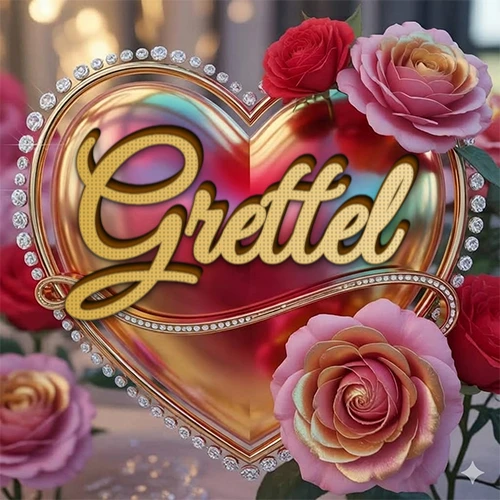 Un marco dorado con forma de corazón tachonado de diamantes, rodeado de rosas naturales en colores que van del rosa al rojo, dando un diseño lujoso y brillante. El nombre Grettel está escrito en el diseño.