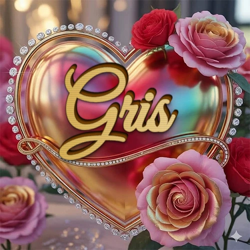 Un marco dorado con forma de corazón tachonado de diamantes, rodeado de rosas naturales en colores que van del rosa al rojo, dando un diseño lujoso y brillante. El nombre Gris está escrito en el diseño.