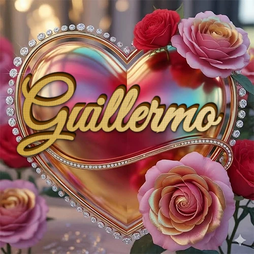 Un marco dorado con forma de corazón tachonado de diamantes, rodeado de rosas naturales en colores que van del rosa al rojo, dando un diseño lujoso y brillante. El nombre Guillermo está escrito en el diseño.