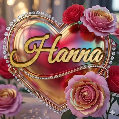 Un marco dorado con forma de corazón tachonado de diamantes, rodeado de rosas naturales en colores que van del rosa al rojo, dando un diseño lujoso y brillante. El nombre Hanna está escrito en el diseño.