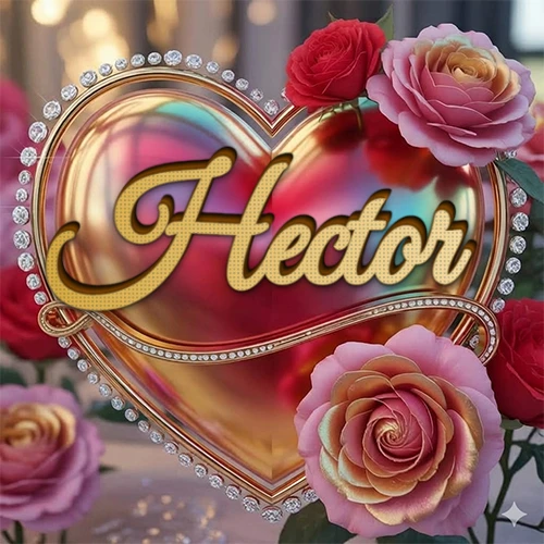 Un marco dorado con forma de corazón tachonado de diamantes, rodeado de rosas naturales en colores que van del rosa al rojo, dando un diseño lujoso y brillante. El nombre Hector está escrito en el diseño.