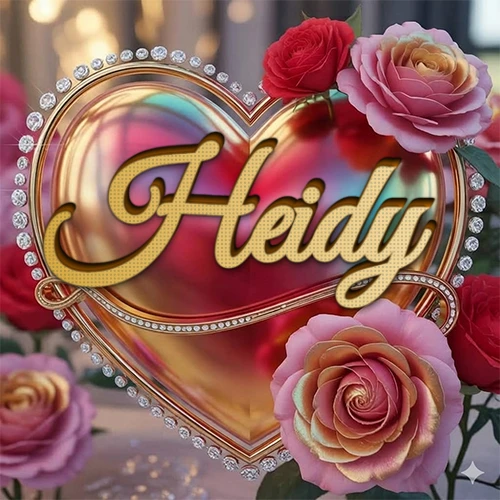 Un marco dorado con forma de corazón tachonado de diamantes, rodeado de rosas naturales en colores que van del rosa al rojo, dando un diseño lujoso y brillante. El nombre Heidy está escrito en el diseño.