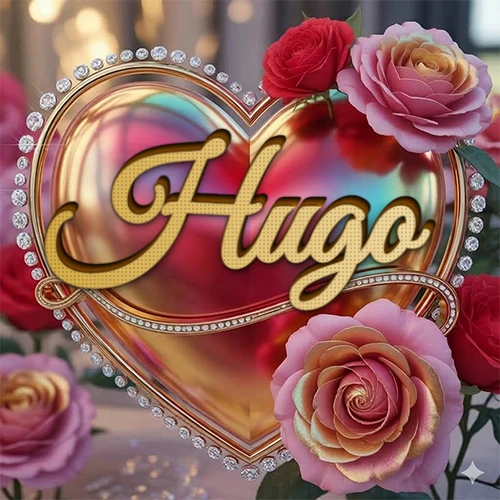 Un marco dorado con forma de corazón tachonado de diamantes, rodeado de rosas naturales en colores que van del rosa al rojo, dando un diseño lujoso y brillante. El nombre Hugo está escrito en el diseño.