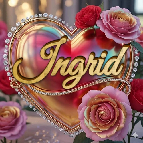 Un marco dorado con forma de corazón tachonado de diamantes, rodeado de rosas naturales en colores que van del rosa al rojo, dando un diseño lujoso y brillante. El nombre Ingrid está escrito en el diseño.