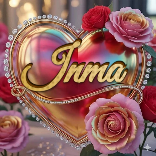 Un marco dorado con forma de corazón tachonado de diamantes, rodeado de rosas naturales en colores que van del rosa al rojo, dando un diseño lujoso y brillante. El nombre Inma está escrito en el diseño.