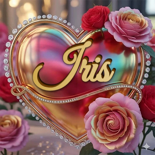 Un marco dorado con forma de corazón tachonado de diamantes, rodeado de rosas naturales en colores que van del rosa al rojo, dando un diseño lujoso y brillante. El nombre Iris está escrito en el diseño.