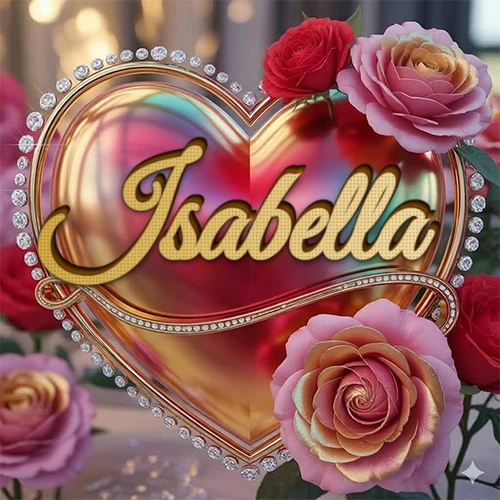 Un marco dorado con forma de corazón tachonado de diamantes, rodeado de rosas naturales en colores que van del rosa al rojo, dando un diseño lujoso y brillante. El nombre Isabella está escrito en el diseño.