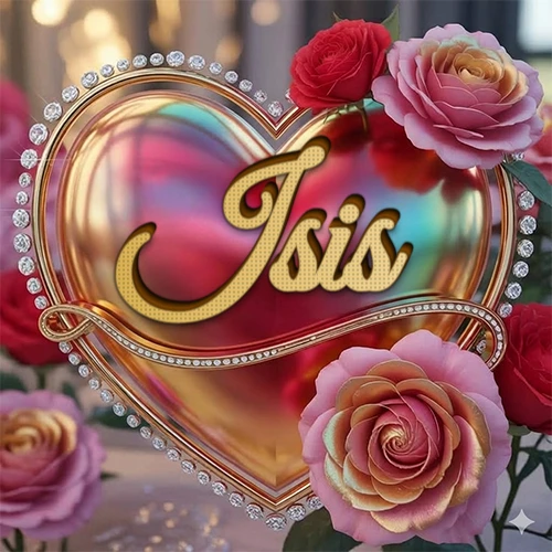 Un marco dorado con forma de corazón tachonado de diamantes, rodeado de rosas naturales en colores que van del rosa al rojo, dando un diseño lujoso y brillante. El nombre Isis está escrito en el diseño.