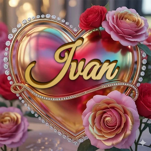 Un marco dorado con forma de corazón tachonado de diamantes, rodeado de rosas naturales en colores que van del rosa al rojo, dando un diseño lujoso y brillante. El nombre Ivan está escrito en el diseño.