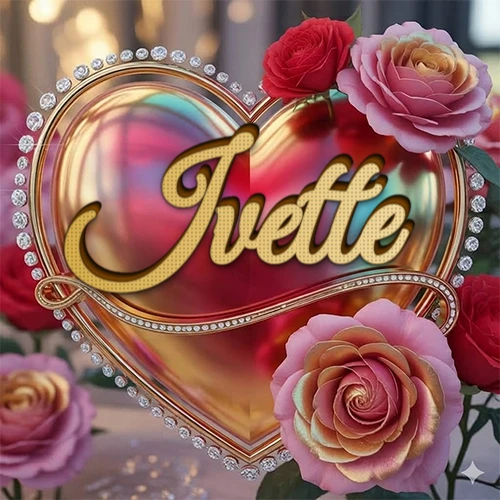 Un marco dorado con forma de corazón tachonado de diamantes, rodeado de rosas naturales en colores que van del rosa al rojo, dando un diseño lujoso y brillante. El nombre Ivette está escrito en el diseño.