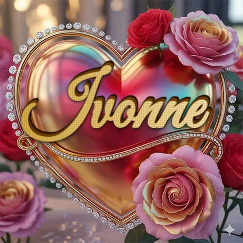 Un marco dorado con forma de corazón tachonado de diamantes, rodeado de rosas naturales en colores que van del rosa al rojo, dando un diseño lujoso y brillante. El nombre Ivonne está escrito en el diseño.