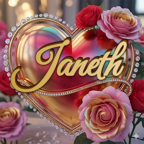 Un marco dorado con forma de corazón tachonado de diamantes, rodeado de rosas naturales en colores que van del rosa al rojo, dando un diseño lujoso y brillante. El nombre Janeth está escrito en el diseño.