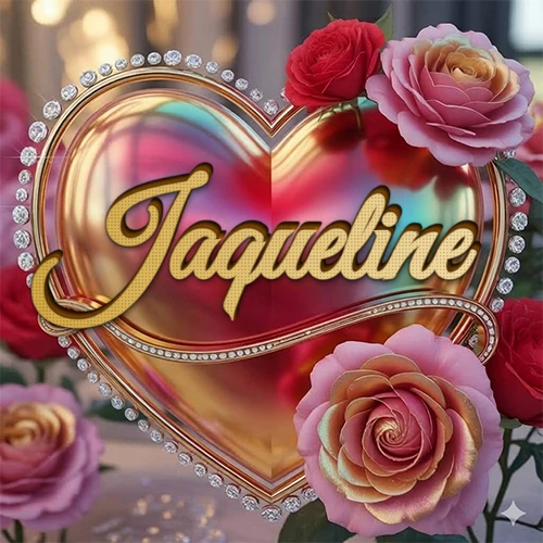 Un marco dorado con forma de corazón tachonado de diamantes, rodeado de rosas naturales en colores que van del rosa al rojo, dando un diseño lujoso y brillante. El nombre Jaqueline está escrito en el diseño.