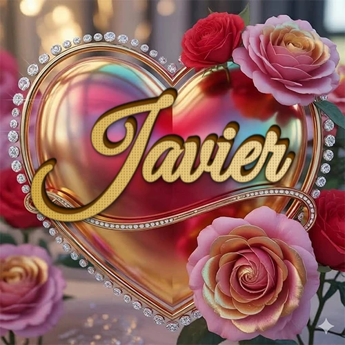 Un marco dorado con forma de corazón tachonado de diamantes, rodeado de rosas naturales en colores que van del rosa al rojo, dando un diseño lujoso y brillante. El nombre Javier está escrito en el diseño.