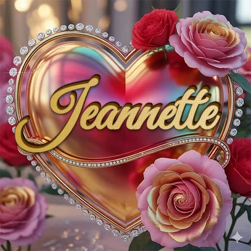Un marco dorado con forma de corazón tachonado de diamantes, rodeado de rosas naturales en colores que van del rosa al rojo, dando un diseño lujoso y brillante. El nombre Jeannette está escrito en el diseño.
