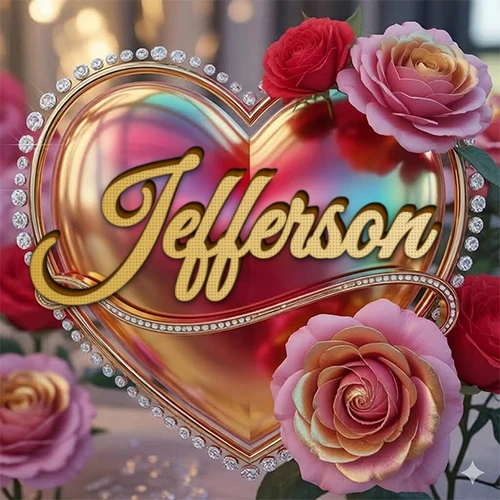 Un marco dorado con forma de corazón tachonado de diamantes, rodeado de rosas naturales en colores que van del rosa al rojo, dando un diseño lujoso y brillante. El nombre Jefferson está escrito en el diseño.