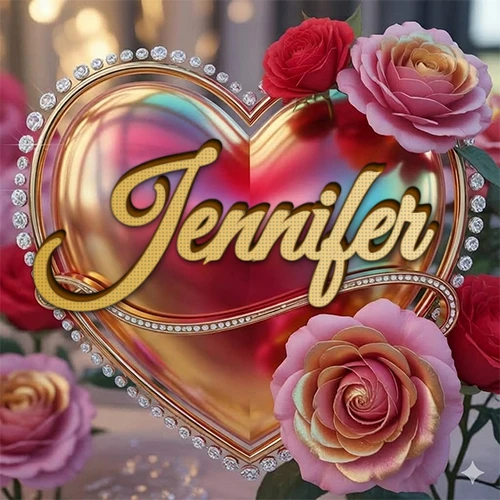 Un marco dorado con forma de corazón tachonado de diamantes, rodeado de rosas naturales en colores que van del rosa al rojo, dando un diseño lujoso y brillante. El nombre Jennifer está escrito en el diseño.