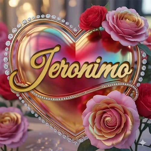 Un marco dorado con forma de corazón tachonado de diamantes, rodeado de rosas naturales en colores que van del rosa al rojo, dando un diseño lujoso y brillante. El nombre Jeronimo está escrito en el diseño.