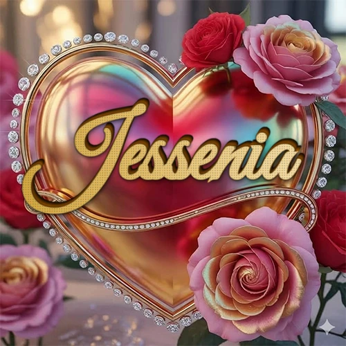 Un marco dorado con forma de corazón tachonado de diamantes, rodeado de rosas naturales en colores que van del rosa al rojo, dando un diseño lujoso y brillante. El nombre Jessenia está escrito en el diseño.