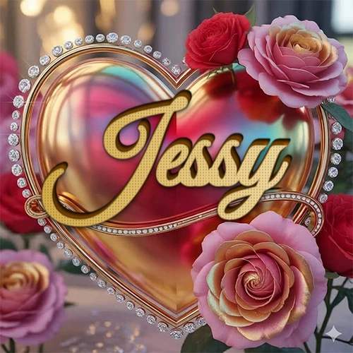 Un marco dorado con forma de corazón tachonado de diamantes, rodeado de rosas naturales en colores que van del rosa al rojo, dando un diseño lujoso y brillante. El nombre Jessy está escrito en el diseño.