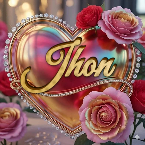 Un marco dorado con forma de corazón tachonado de diamantes, rodeado de rosas naturales en colores que van del rosa al rojo, dando un diseño lujoso y brillante. El nombre Jhon está escrito en el diseño. Un marco dorado con forma de corazón tachonado de diamantes, rodeado de rosas naturales en colores que van del rosa al rojo, dando un diseño lujoso y brillante. El nombre Jhon está escrito en el diseño.