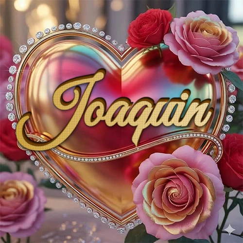 Un marco dorado con forma de corazón tachonado de diamantes, rodeado de rosas naturales en colores que van del rosa al rojo, dando un diseño lujoso y brillante. El nombre Joaquin está escrito en el diseño.