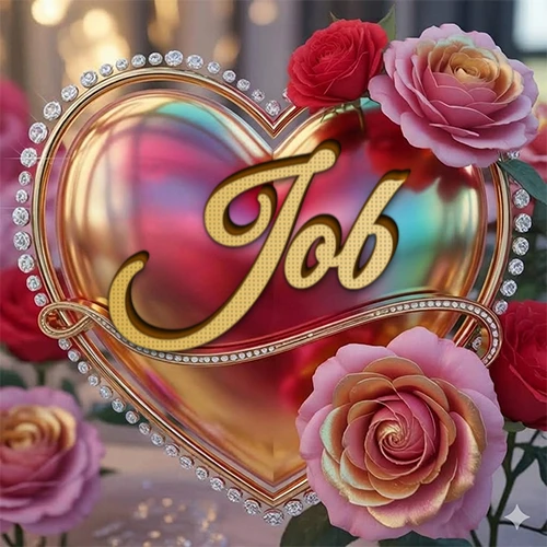 Un marco dorado con forma de corazón tachonado de diamantes, rodeado de rosas naturales en colores que van del rosa al rojo, dando un diseño lujoso y brillante. El nombre Job está escrito en el diseño.
