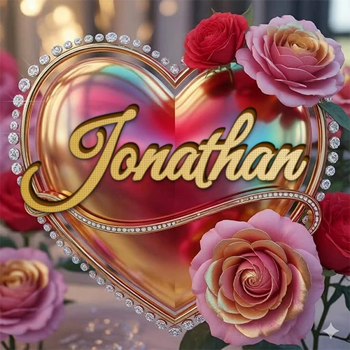 Un marco dorado con forma de corazón tachonado de diamantes, rodeado de rosas naturales en colores que van del rosa al rojo, dando un diseño lujoso y brillante. El nombre Jonathan está escrito en el diseño.