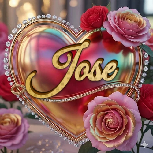 Un marco dorado con forma de corazón tachonado de diamantes, rodeado de rosas naturales en colores que van del rosa al rojo, dando un diseño lujoso y brillante. El nombre Jose está escrito en el diseño.