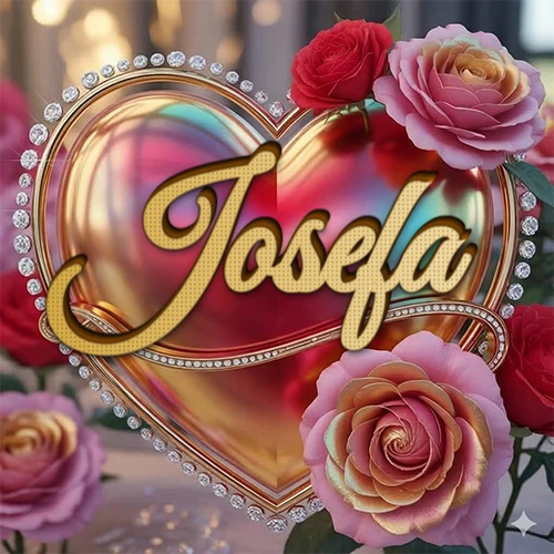 Un marco dorado con forma de corazón tachonado de diamantes, rodeado de rosas naturales en colores que van del rosa al rojo, dando un diseño lujoso y brillante. El nombre Josefa está escrito en el diseño.