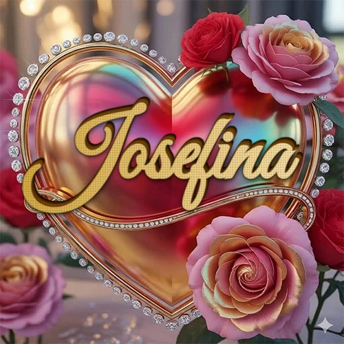 Un marco dorado con forma de corazón tachonado de diamantes, rodeado de rosas naturales en colores que van del rosa al rojo, dando un diseño lujoso y brillante. El nombre Josefina está escrito en el diseño.