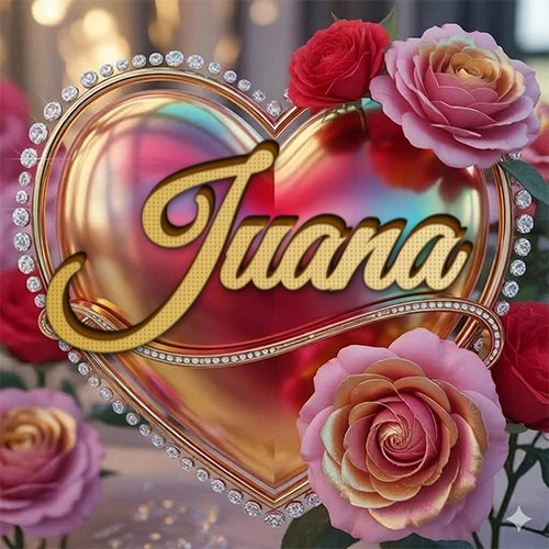 Un marco dorado con forma de corazón tachonado de diamantes, rodeado de rosas naturales en colores que van del rosa al rojo, dando un diseño lujoso y brillante. El nombre Juana está escrito en el diseño. Un marco dorado con forma de corazón tachonado de diamantes, rodeado de rosas naturales en colores que van del rosa al rojo, dando un diseño lujoso y brillante. El nombre Juana está escrito en el diseño.