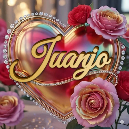 Un marco dorado con forma de corazón tachonado de diamantes, rodeado de rosas naturales en colores que van del rosa al rojo, dando un diseño lujoso y brillante. El nombre Juanjo está escrito en el diseño.