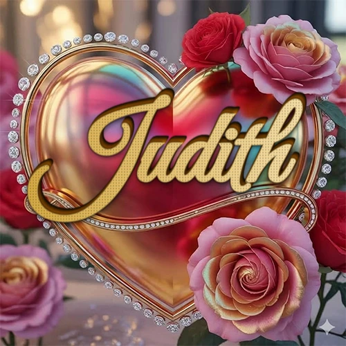 Un marco dorado con forma de corazón tachonado de diamantes, rodeado de rosas naturales en colores que van del rosa al rojo, dando un diseño lujoso y brillante. El nombre Judith está escrito en el diseño.