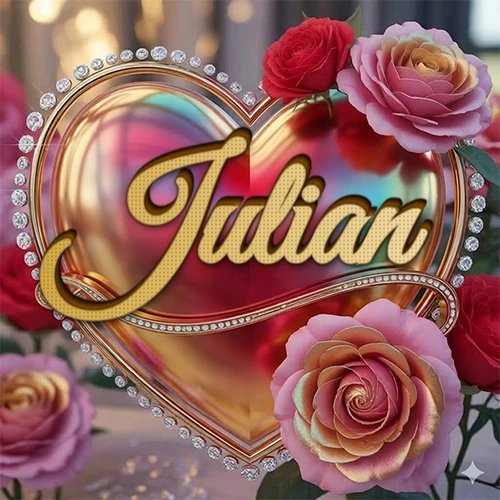 Un marco dorado con forma de corazón tachonado de diamantes, rodeado de rosas naturales en colores que van del rosa al rojo, dando un diseño lujoso y brillante. El nombre Julian está escrito en el diseño.