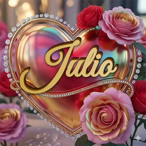 Un marco dorado con forma de corazón tachonado de diamantes, rodeado de rosas naturales en colores que van del rosa al rojo, dando un diseño lujoso y brillante. El nombre Julio está escrito en el diseño.