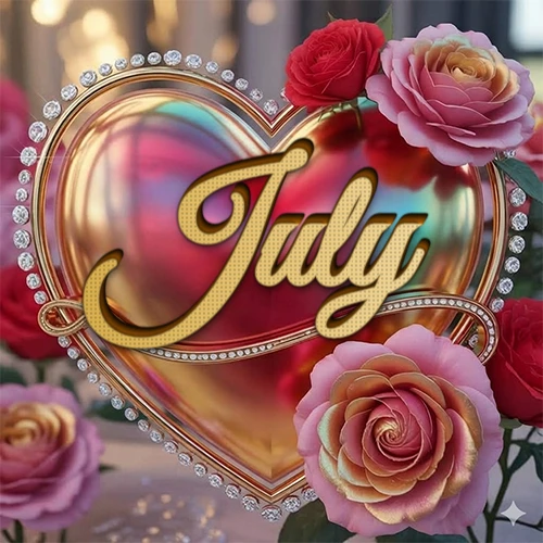 Un marco dorado con forma de corazón tachonado de diamantes, rodeado de rosas naturales en colores que van del rosa al rojo, dando un diseño lujoso y brillante. El nombre July está escrito en el diseño.