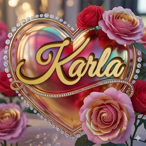 Un marco dorado con forma de corazón tachonado de diamantes, rodeado de rosas naturales en colores que van del rosa al rojo, dando un diseño lujoso y brillante. El nombre Karla está escrito en el diseño.