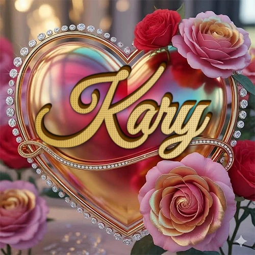 Un marco dorado con forma de corazón tachonado de diamantes, rodeado de rosas naturales en colores que van del rosa al rojo, dando un diseño lujoso y brillante. El nombre Kary está escrito en el diseño. Un marco dorado con forma de corazón tachonado de diamantes, rodeado de rosas naturales en colores que van del rosa al rojo, dando un diseño lujoso y brillante. El nombre Kary está escrito en el diseño.
