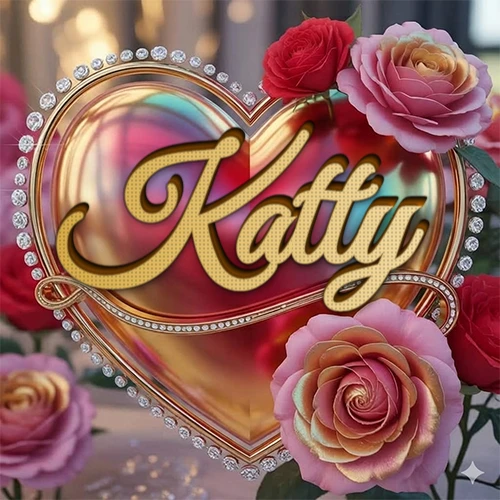 Un marco dorado con forma de corazón tachonado de diamantes, rodeado de rosas naturales en colores que van del rosa al rojo, dando un diseño lujoso y brillante. El nombre Katty está escrito en el diseño.