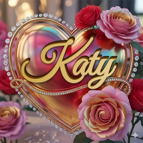 Un marco dorado con forma de corazón tachonado de diamantes, rodeado de rosas naturales en colores que van del rosa al rojo, dando un diseño lujoso y brillante. El nombre Katy está escrito en el diseño.