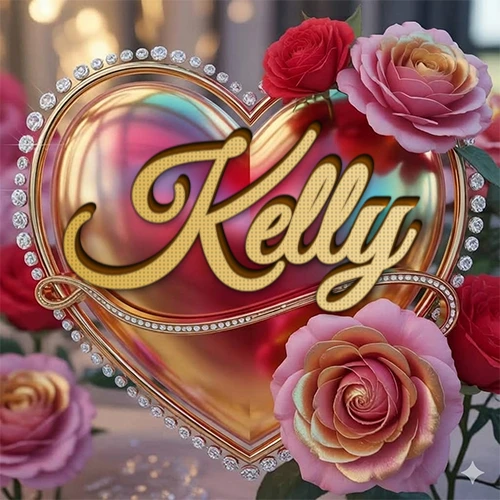 Un marco dorado con forma de corazón tachonado de diamantes, rodeado de rosas naturales en colores que van del rosa al rojo, dando un diseño lujoso y brillante. El nombre Kelly está escrito en el diseño. Un marco dorado con forma de corazón tachonado de diamantes, rodeado de rosas naturales en colores que van del rosa al rojo, dando un diseño lujoso y brillante. El nombre Kelly está escrito en el diseño.