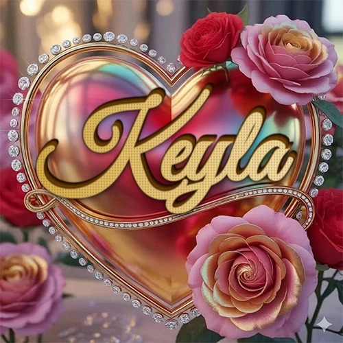 Un marco dorado con forma de corazón tachonado de diamantes, rodeado de rosas naturales en colores que van del rosa al rojo, dando un diseño lujoso y brillante. El nombre Keyla está escrito en el diseño.