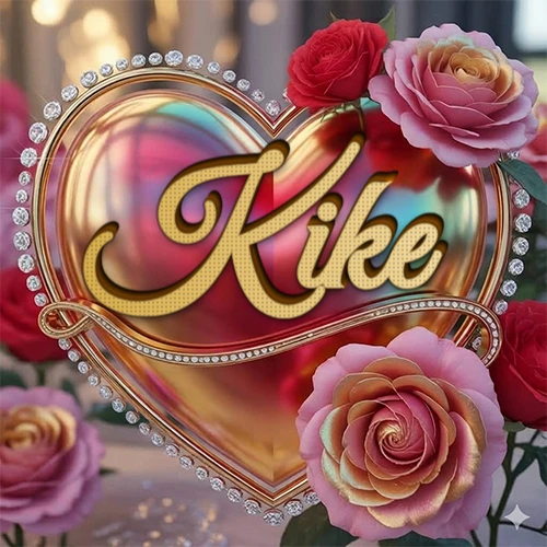 Un marco dorado con forma de corazón tachonado de diamantes, rodeado de rosas naturales en colores que van del rosa al rojo, dando un diseño lujoso y brillante. El nombre Kike está escrito en el diseño.