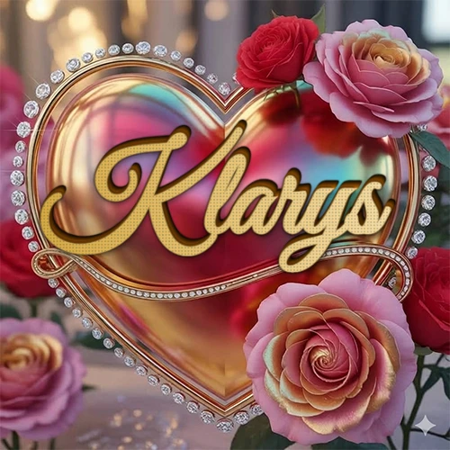 Un marco dorado con forma de corazón tachonado de diamantes, rodeado de rosas naturales en colores que van del rosa al rojo, dando un diseño lujoso y brillante. El nombre Klarys está escrito en el diseño.