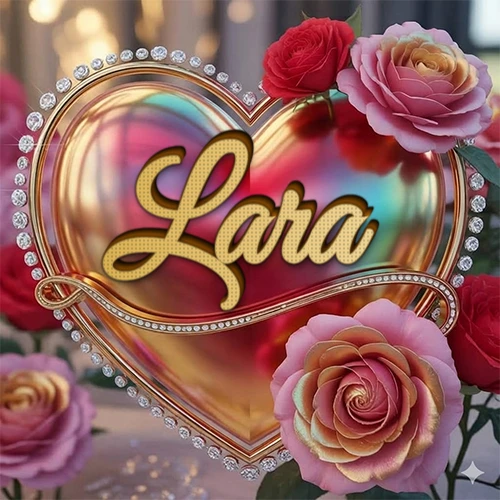 Un marco dorado con forma de corazón tachonado de diamantes, rodeado de rosas naturales en colores que van del rosa al rojo, dando un diseño lujoso y brillante. El nombre Lara está escrito en el diseño.