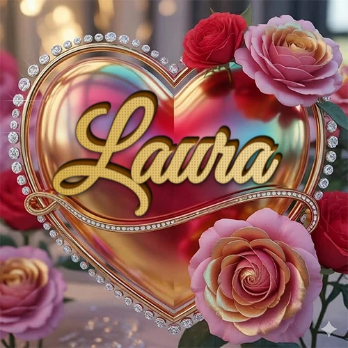 Un marco dorado con forma de corazón tachonado de diamantes, rodeado de rosas naturales en colores que van del rosa al rojo, dando un diseño lujoso y brillante. El nombre Laura está escrito en el diseño.