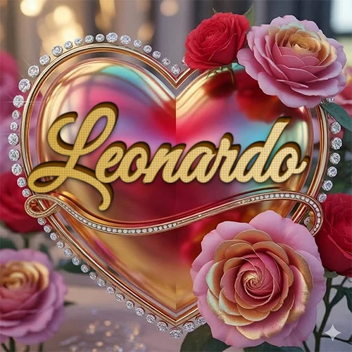 Un marco dorado con forma de corazón tachonado de diamantes, rodeado de rosas naturales en colores que van del rosa al rojo, dando un diseño lujoso y brillante. El nombre Leonardo está escrito en el diseño.